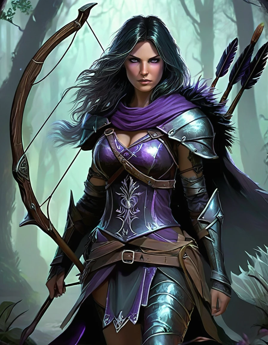 Necromancer Archer Figure: A female archer, slim and athletic, with a dark yet elegant aura.hair: Her short hair is a mix of blonde and purple, perhaps with flowing transitions or ombre effect, slightly wavy and fall over her shoulders.eyes: Your eyes glow in an unnatural green or an icy blue, a reference to her necromantic abilities.attire: She wears a combination of medieval armor and magical robes. Dark, Leather armor decorated with runes covers her upper body and arms. Under the armor she wears a black, slightly torn cloak, fluttering in the wind.arch: Her arch consists of a dark, enchanted wood, decorated with silver or luminous symbols. The arch radiates an eerie energy.Arrows: The arrows in her quiver also have a magical effect, with black feathers and tips, which are surrounded by a dark aura.backdrop: The backdrop could be a dark forest or a dilapidated, show foggy landscape, which enhances the mystical and threatening atmosphere.short Purple hair
