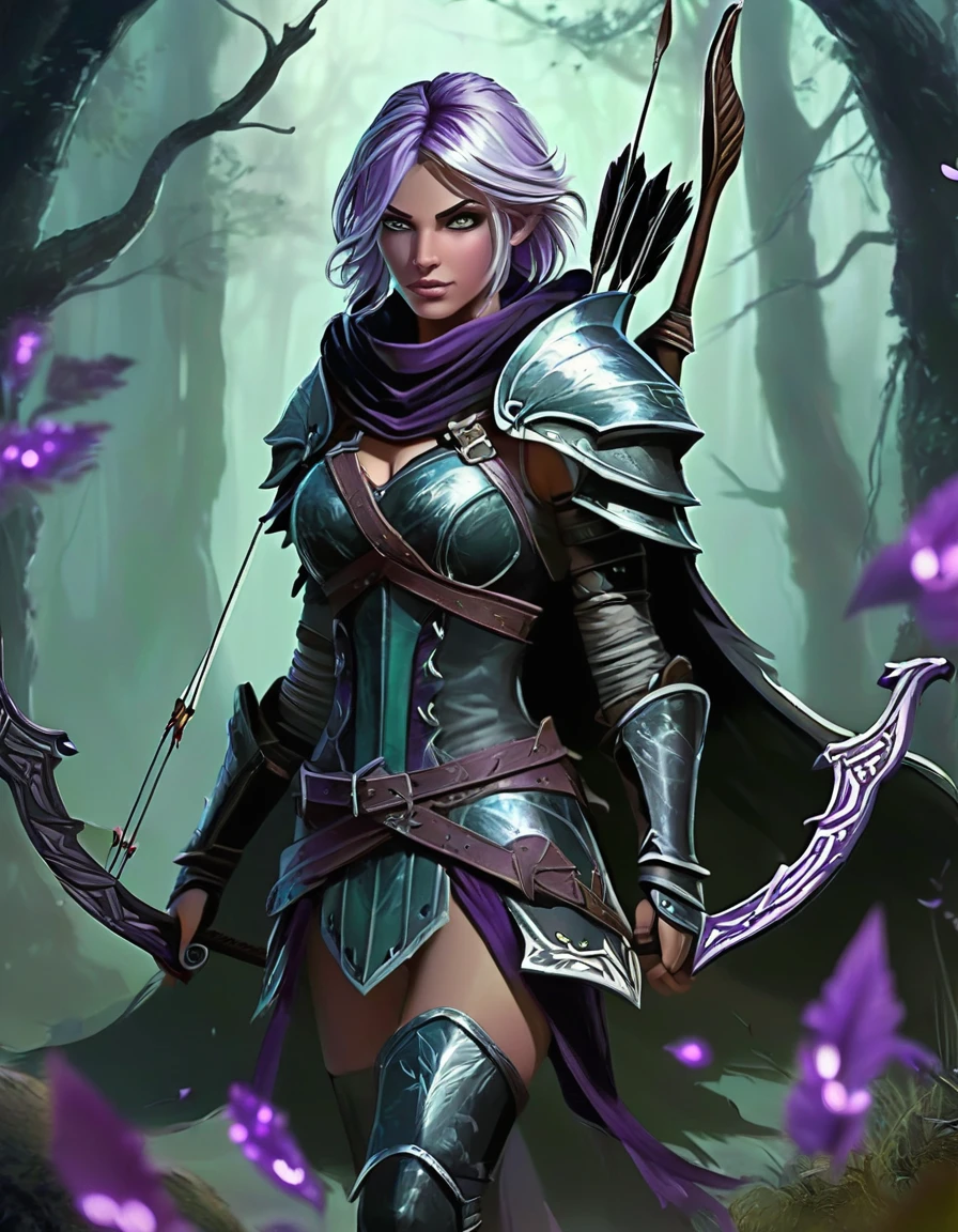 Necromancer Archer Figure: A female archer, slim and athletic, with a dark yet elegant aura.hair: Her short hair is a mix of blonde and purple, perhaps with flowing transitions or ombre effect, slightly wavy and fall over her shoulders.eyes: Your eyes glow in an unnatural green or an icy blue, a reference to her necromantic abilities.attire: She wears a combination of medieval armor and magical robes. Dark, Leather armor decorated with runes covers her upper body and arms. Under the armor she wears a black, slightly torn cloak, fluttering in the wind.arch: Her arch consists of a dark, enchanted wood, decorated with silver or luminous symbols. The arch radiates an eerie energy.Arrows: The arrows in her quiver also have a magical effect, with black feathers and tips, which are surrounded by a dark aura.backdrop: The backdrop could be a dark forest or a dilapidated, show foggy landscape, which enhances the mystical and threatening atmosphere.short Purple hair