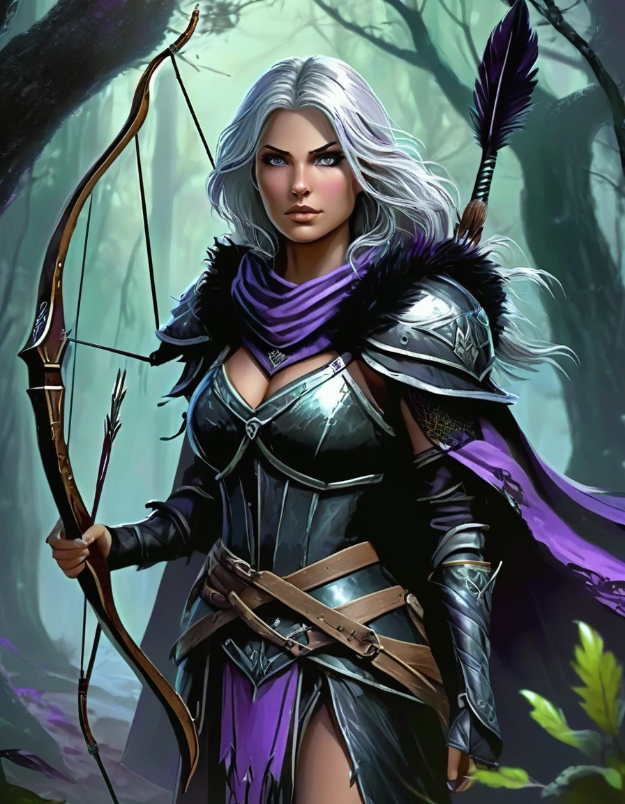 Necromancer Archer Figure: A female archer, slim and athletic, with a dark yet elegant aura.hair: Her short hair is a mix of blonde and purple, perhaps with flowing transitions or ombre effect, slightly wavy and fall over her shoulders.eyes: Your eyes glow in an unnatural green or an icy blue, a reference to her necromantic abilities.attire: She wears a combination of medieval armor and magical robes. Dark, Leather armor decorated with runes covers her upper body and arms. Under the armor she wears a black, slightly torn cloak, fluttering in the wind.arch: Her arch consists of a dark, enchanted wood, decorated with silver or luminous symbols. The arch radiates an eerie energy.Arrows: The arrows in her quiver also have a magical effect, with black feathers and tips, which are surrounded by a dark aura.backdrop: The backdrop could be a dark forest or a dilapidated, show foggy landscape, which enhances the mystical and threatening atmosphere.short Purple hair