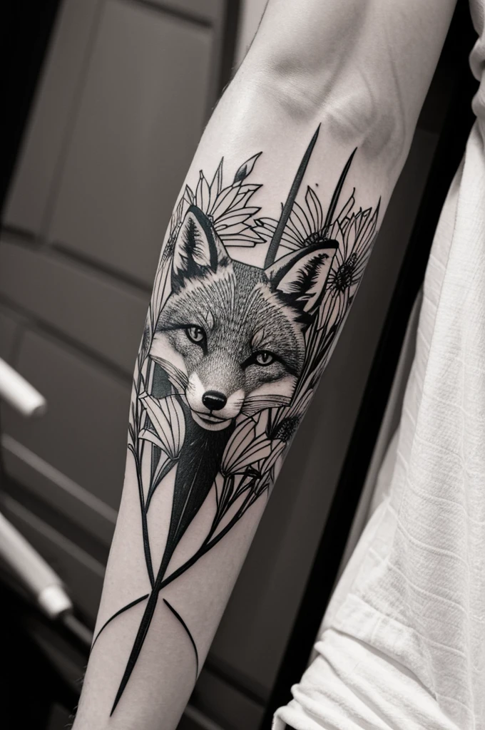 A fox wrapped in Spider Lily flowers, black and white tattoo style