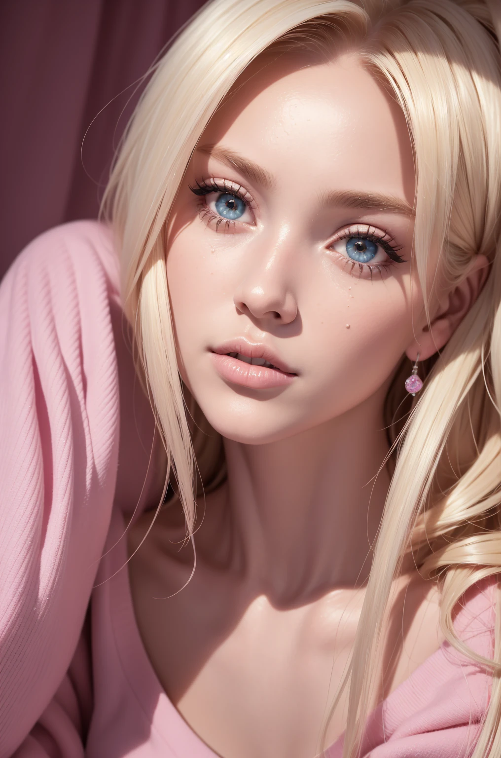 223yo, Skinny blonde girl, young, teen, in her bedroom, (highly detailed background, bedroom), wearing a crop top and jeans, pretty face, pink lips, cute, sweet, innocent, beautiful lighting, alone, shy, highly detailed face, (ultra realistic), realistic skin, makeup, lip filler, big pink bimbo lips, (bimbofication), cleavage, big ass, ((highly detailed face, detailed eyes, eye contact) seducing the camera, expressive facial expression