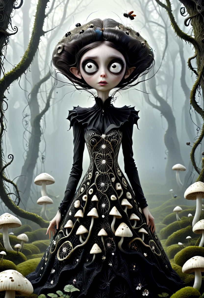 Karely Ruiz, spider-shaped lace dress, She looks with her enormous eyes directly at the mushrooms with an expression of astonishment as she sees herself surrounded by hundreds of crystal insects that have an impossible geometry.... All with the style of Tim Burton, in a kind of surreal dream. While drinking some tea.