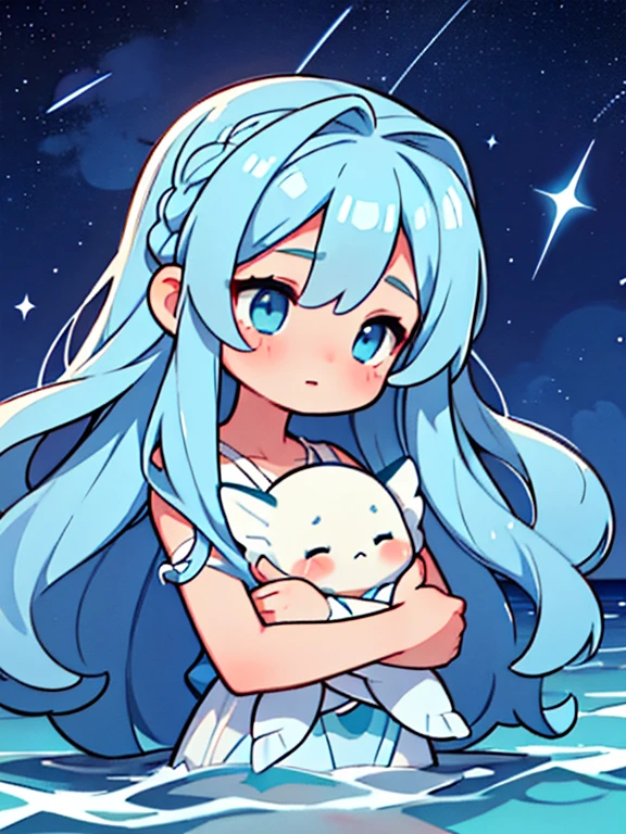 clouds, flowing hair, stars in hair, adult, starry eyes, mar, ocean, celestial, , Deity, by the faded blue, hair like the sky with stars, ocean hair, soft smile, (({comforting aura})), angel,