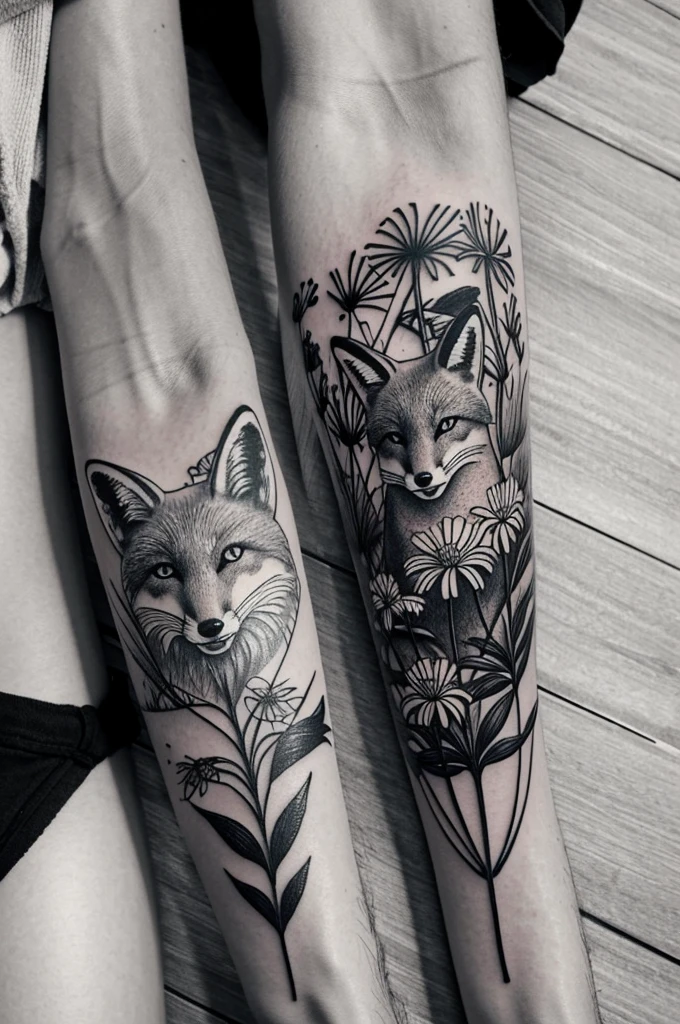 A fox wrapped in Spider Lily flowers, black and white tattoo style