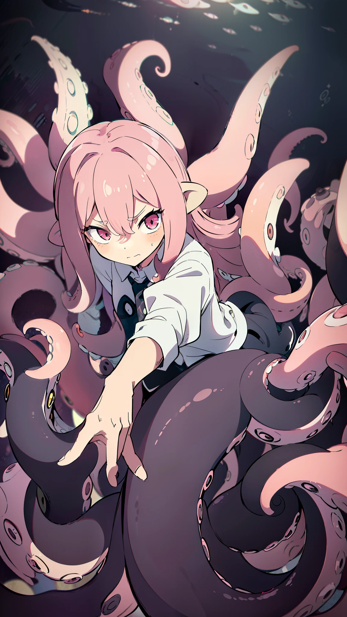 ((best quality)), ((highly detailed)), absurdres, (detailed eyes),1girl,20 years old,solo,long hair,pink hair,(((white shirt,black standart tie,black skirt))),dynamic pose, cowboy shot, (((scylla))), (((octopus girl))), standing, (tentacles:1.33), (suction cups:1.33), (fused:1.33), ((tentacle legs)), squidlegs, ((underwater,sea, aurora,night)),leaning forward, serious,cute,reaching out