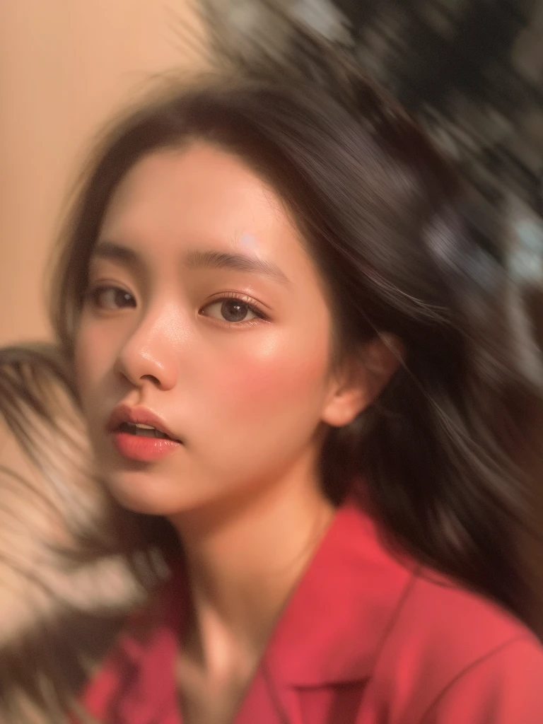 Alawi woman in red shirt holding cell phone in her hand, inspired by park chaeyoung, Clear face, lofi portrait, low quality photo, Soft portrait shot 8 K, 8k selfie photograph, Realistic. Cheng Yi, Oil camera glare, Detailed unblurred face, photo blurring, girl portrait