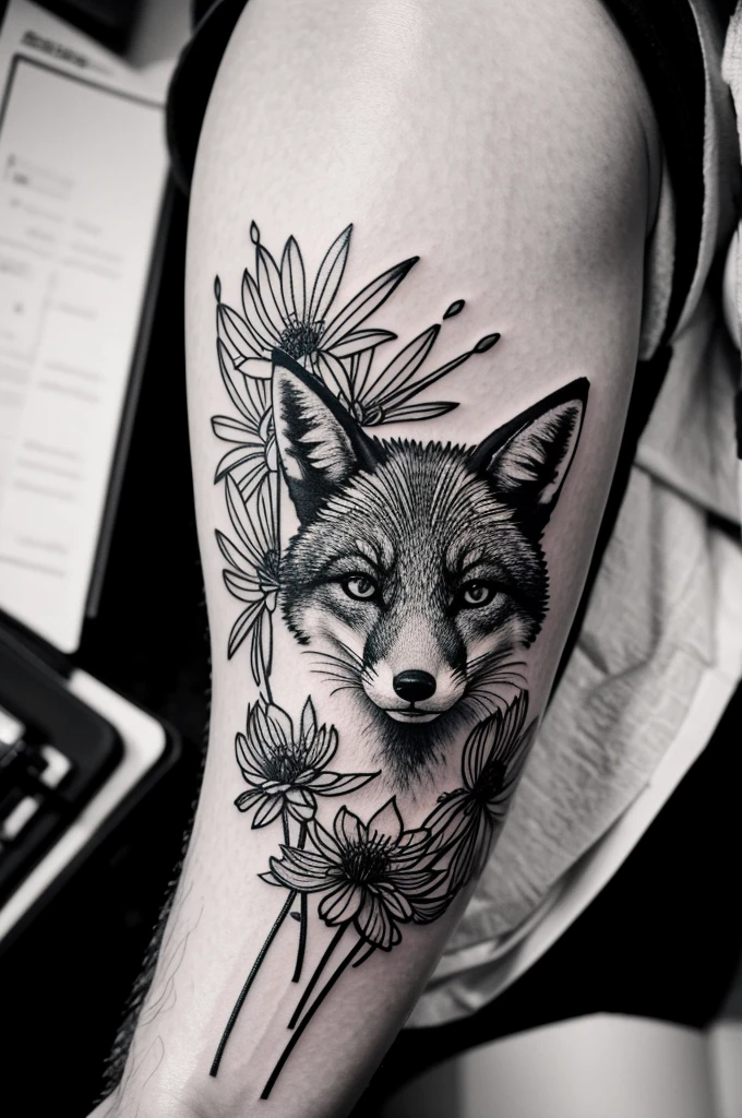 A fox wrapped in Spider Lily flowers, black and white tattoo style