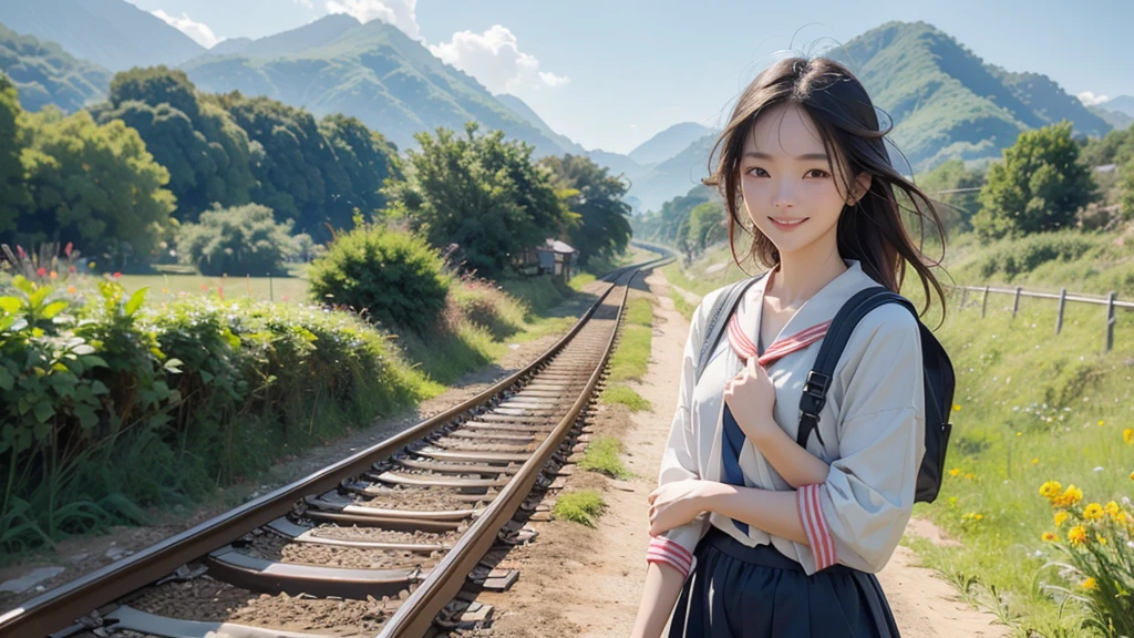 8K、RAW Photos、Highest quality、Super detailed、Super Resolution、Ultra HD、8K壁紙、Amazingly detailed rural landscape、The tracks continue、Walking along the tracks、(Sailor suit),smile、sun、School bag
