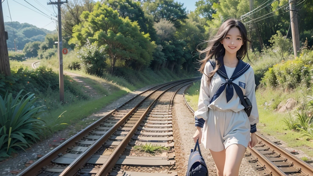 8K、RAW Photos、Highest quality、Super detailed、Super Resolution、Ultra HD、8K壁紙、Amazingly detailed rural landscape、The tracks continue、Walking along the tracks、(Sailor suit),smile、sun、School bag