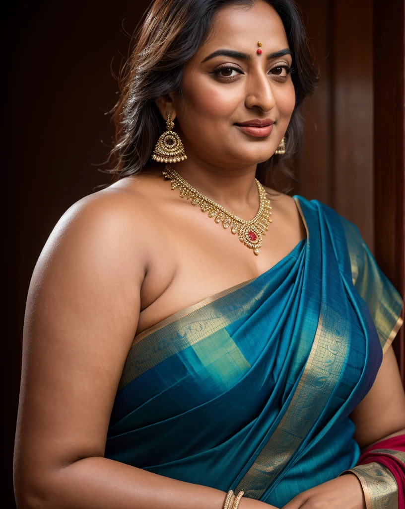 Foto RAW, photorealistic, photography, full body shot, 60 years old Woman, master shot, perfect eyes, goddess like beauty, pierced eyes, perfect thick chubby mallu Desi aunty bhabhi, Wearing a Stanapatta, a chest-band.Saree model, model Photography, Indian saree shoot, Indian traditional wear advertising photography, traditional wear brand shoot, face of Indian actress Sonakshi Sinha, masterpiece, realistic, realism, incredible details, pleasure, photorealism, detailed skin, skin pores, high contrast, photorealistic Artstation 8k HD digital art trend of high definition and detailed realistic skin texture, ultra detail, realistic skin texture, armature, best quality, ultra high definition, (photorealistic:1.4),, high resolution, detail, raw photo, sweat, Re sharp, by Lee Jefferies Nikon D850 Film Stock Photo 4 Kodak Portra 400 Camera F1.6 Lens Rich Color Ultra Real Realistic Realistic Textures Dramatic Lighting Unreal Engine Trending at Art Station Cinestill 800,(pele altamente detalhada: 1.2), 8k UHD, DSLR, soft-lighting, alta qualidade, grain of film, Fujifilm XT3,she didn't like to wear blouse or bra, she is happy to wear only saree, she hates blouse or bra, detailed hairy armpits, hyper realistic skin, skin pores, sweat, veins,
