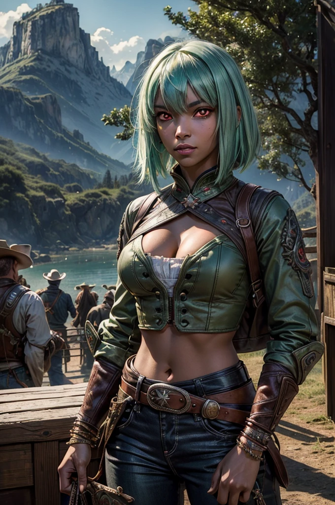 emeraldsustrai, emerald sustrai, short hair, (red eyes:1.5), (green hair), dark skin, dark-skinned female, navel, cleavage, midriff, belt, cleavage cutout, chaps, outdoors, wedding, lavish wedding reception, on hill, overlooking valley, mountains in background, waterfall, tables, crowd, (crowd in military dress), (volumetric lighting),  intricate details, tonemapping, sharp focus, hyper detailed, (cowboy shot:1.5), BREAK (masterpiece:1.2), best quality, high resolution, unity 8k wallpaper, (illustration:0.8), (beautiful detailed eyes:1.6), extremely detailed face, perfect lighting, extremely detailed CG, (perfect hands, perfect anatomy),