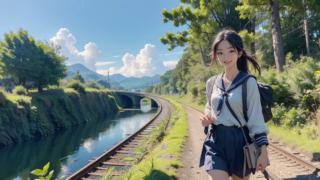 8K、RAW Photos、Highest quality、Super detailed、Super Resolution、Ultra HD、8K壁紙、Amazingly detailed rural landscape、The tracks continue、Walking along the tracks、(Sailor suit),smile、sun、School bag