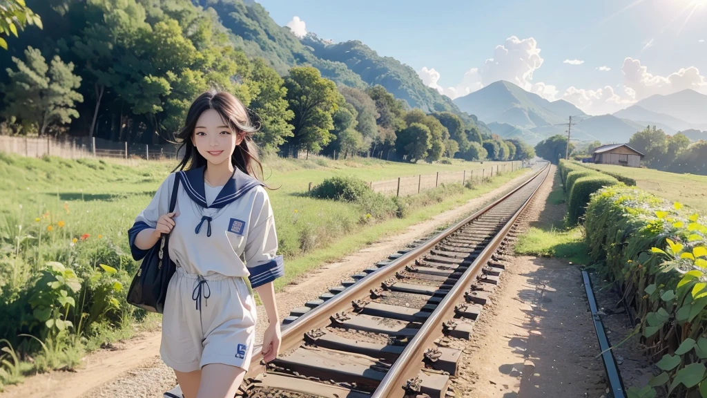 8K、RAW Photos、Highest quality、Super detailed、Super Resolution、Ultra HD、8K壁紙、Amazingly detailed rural landscape、The tracks continue、Walking along the tracks、(Sailor suit),smile、sun、School bag