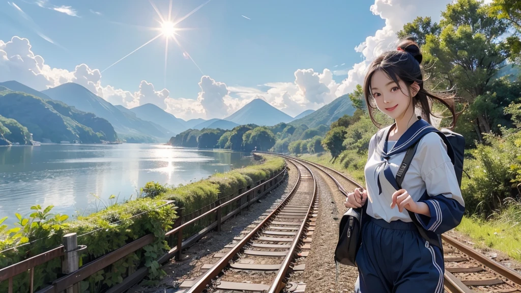 8K、RAW Photos、Highest quality、Super detailed、Super Resolution、Ultra HD、8K壁紙、Amazingly detailed rural landscape、The tracks continue、Walking along the tracks、(Sailor suit),smile、sun、School bag