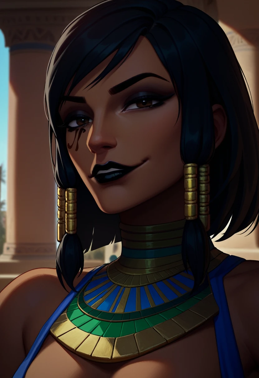 score_9, score_8_up, score_7_up, 1girl, solo, Pharah, brown eyes, (Eye of Horus), (black lipstick), portrait, smug, smirk, Egyptian clothes, outdoors, Egyptian temple, daytime,