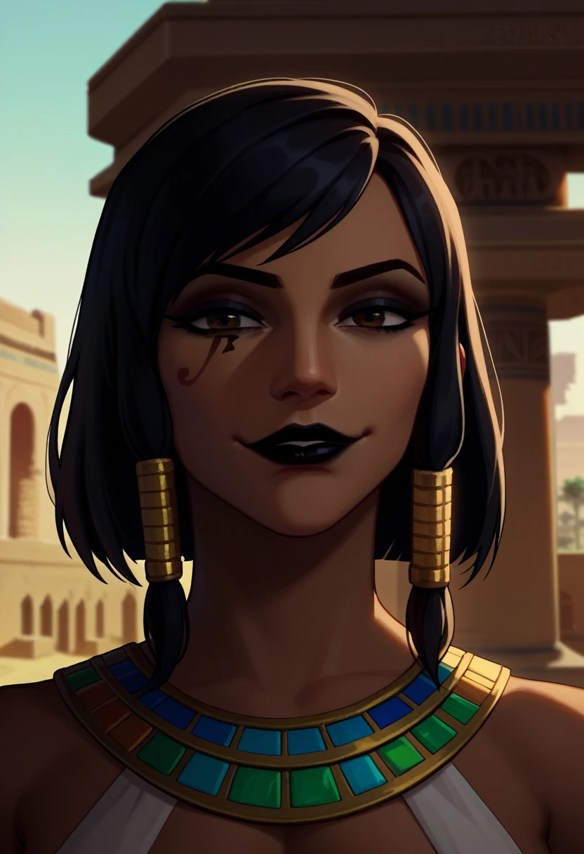 score_9, score_8_up, score_7_up, 1girl, solo, Pharah, brown eyes, (Eye of Horus), (black lipstick), portrait, smug, smirk, Egyptian clothes, outdoors, Egyptian temple, daytime,