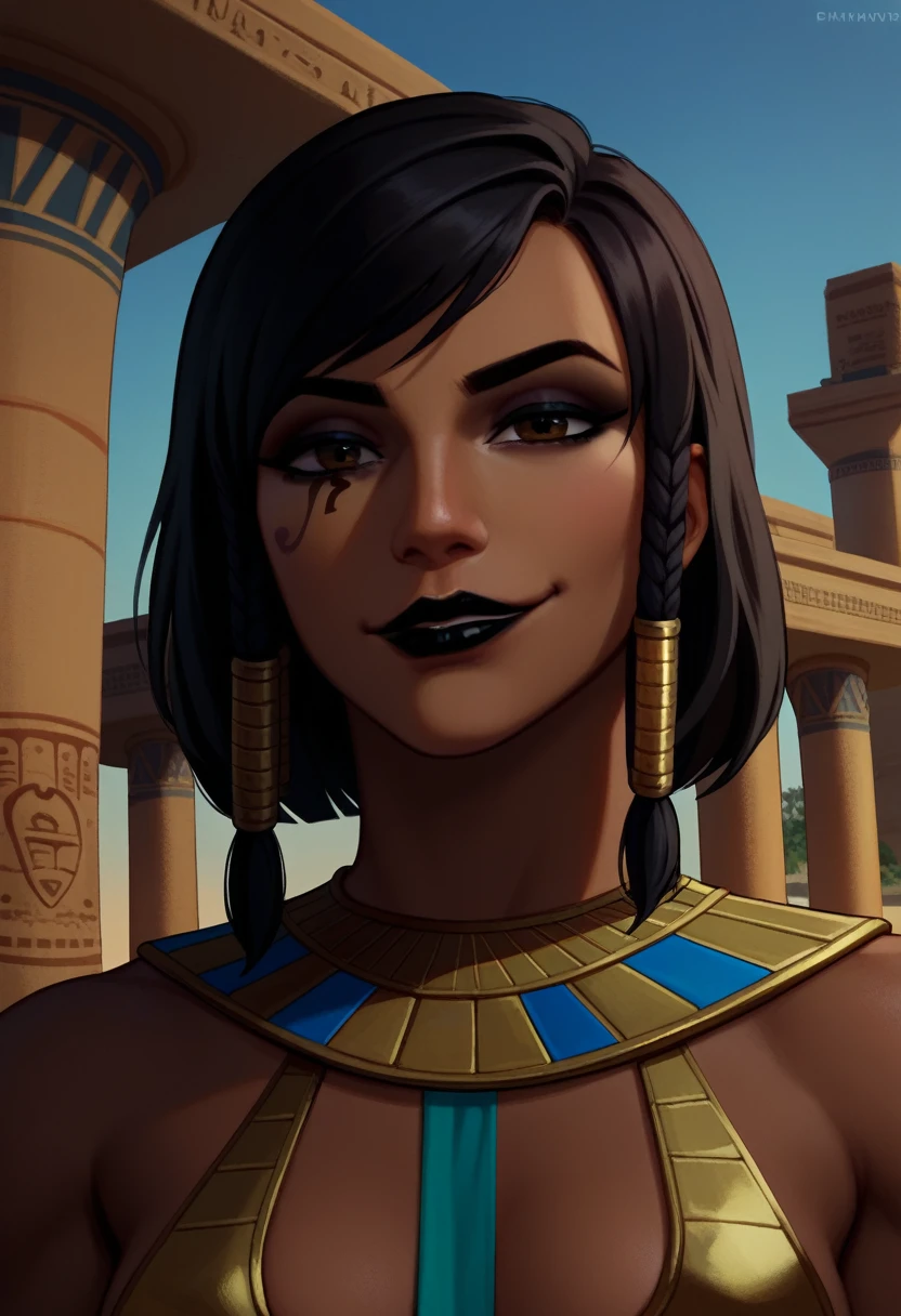 score_9, score_8_up, score_7_up, 1girl, solo, Pharah, brown eyes, (Eye of Horus), (black lipstick), portrait, smug, smirk, Egyptian clothes, outdoors, Egyptian temple, daytime,