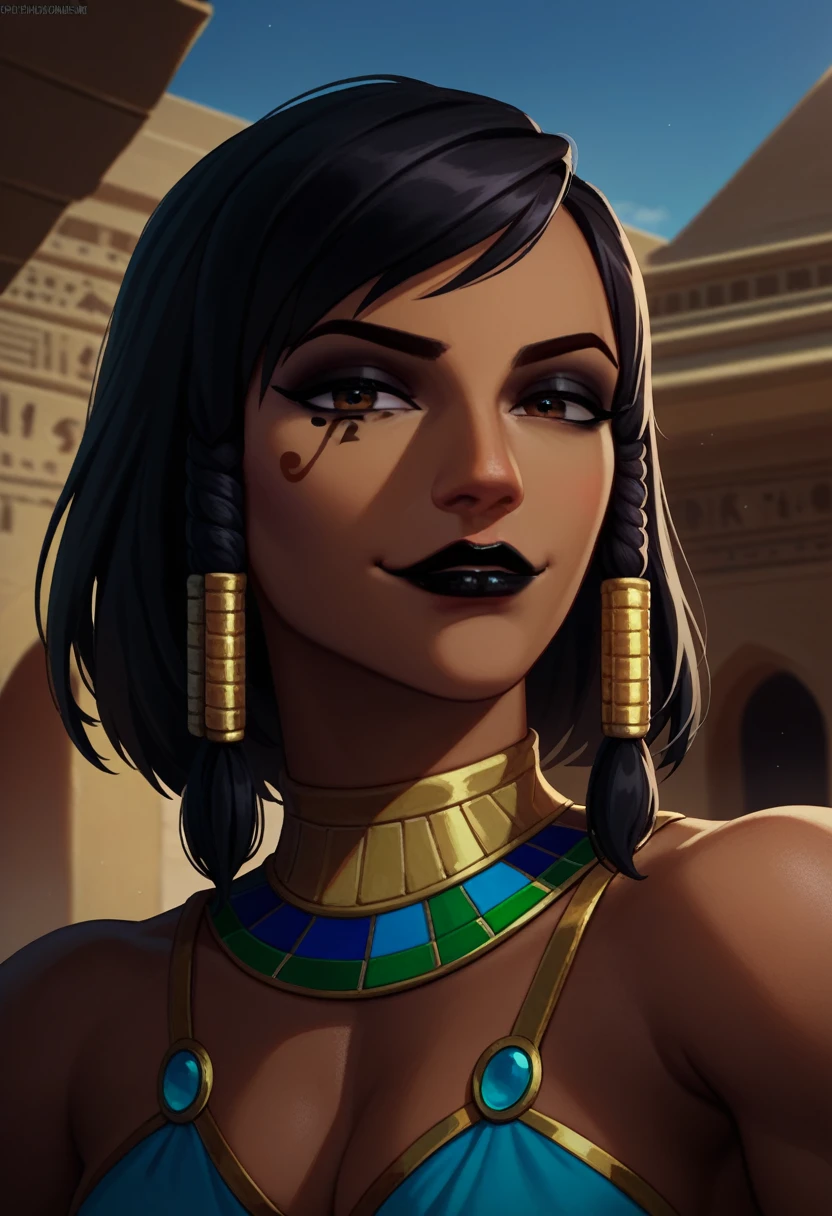 score_9, score_8_up, score_7_up, 1girl, solo, Pharah, brown eyes, (Eye of Horus), (black lipstick), portrait, smug, smirk, Egyptian clothes, outdoors, Egyptian temple,