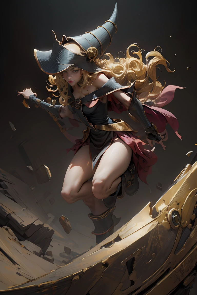 (8k,photorealistic　raw photography　the highest quality;1.4) 　(1girl in)　super beauty　(realistic face)　femenine body 　(Blonde with long curls)　Hold a black and red magic wand.　combat scene　Magic hat with black and gold exterior.　Beautiful expression　Glare　(Real looking skin)　(Giles dark wizards)　Tempting　super high resolution　A hyperrealist　high detail　Full body photo　remains