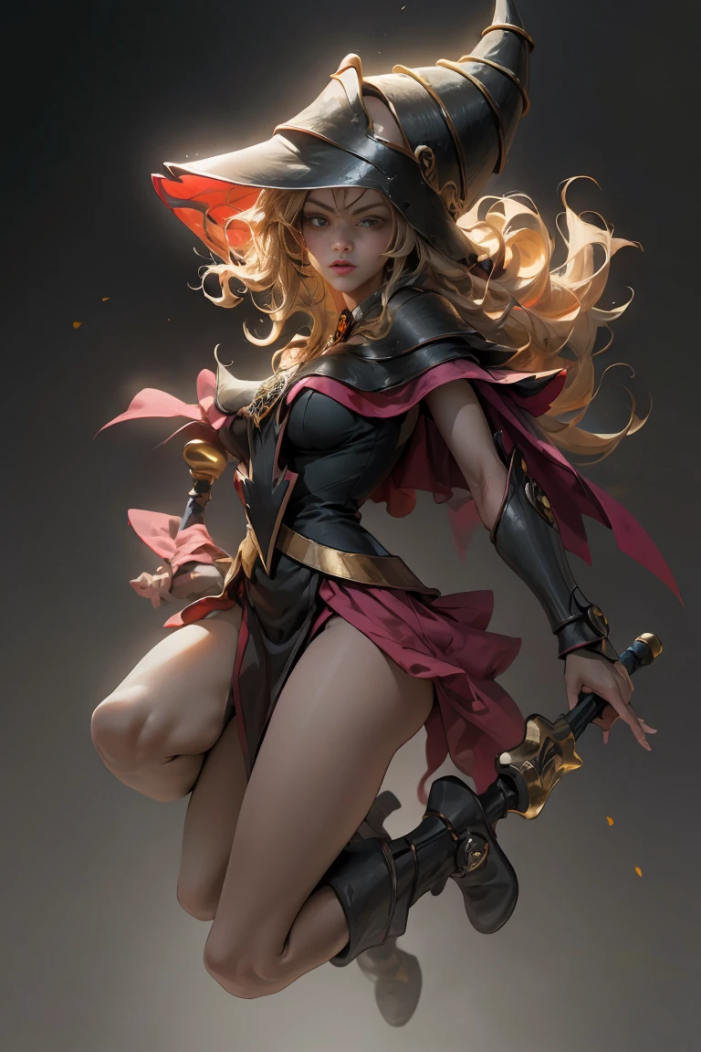 (8k,photorealistic raw photography the highest quality;1.4) (1girl in) super beauty (realistic face) femenine body (Blonde with long curls) Hold a black and red magic wand. combat scene Magic hat with black and gold exterior. Beautiful expression Glare (Real looking skin) (Giles dark wizards) Tempting super high resolution A hyperrealist high detail Full body photo remains