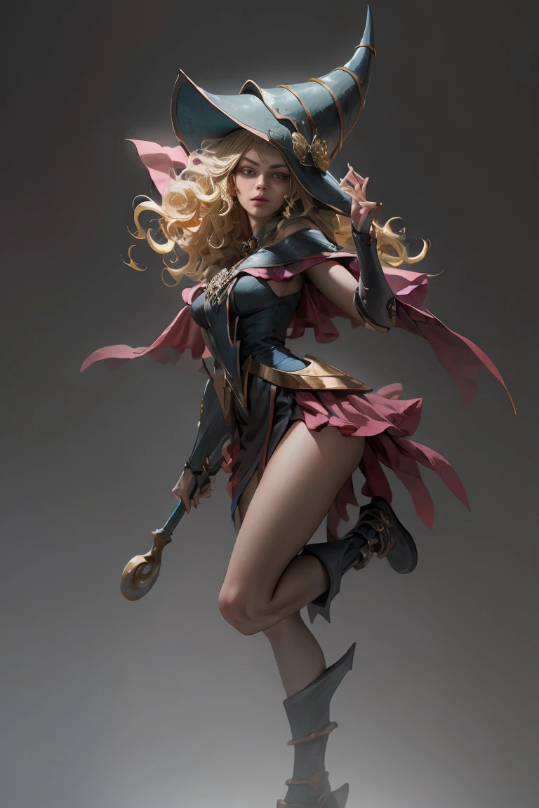 (8K,photorealistic　Raw Photography　Of the highest quality;1.4) 　(1girl in)　super beauty　(realistic face)　Female body 　(Blonde with long curls)　Hold a black and red magic wand　combat scene　Magic hat with black and gold exterior.　Beautiful expression　dazzle　(Skin of royal appearance)　(Dark mages)　tempting　super high resolution　A hyperrealist　High detail　full body photo　remains