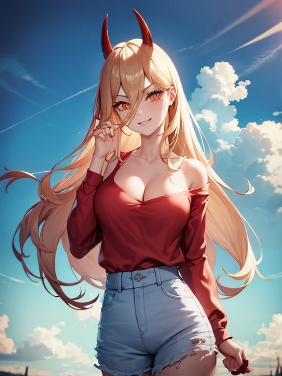 76-1Shirt, 1girl, power (chainsaw man), horns, long hair, cat, shorts, outdoors, sky, cloud, shirt, red horns, smile, white cat, hair between eyes, solo, (red shirt:1.4), denim, looking at viewer, (cross-shaped pupils:1.4), symbol-shaped pupils, blonde hair, long sleeves, day, denim shorts, blue sky, demon horns, yellow eyes, standing, cloudy sky, (realistic:0.5), masterpiece, solo, (best quality, perfect detailed, beautifully detailed face, detailed eyes), glistening shiny, ray tracing, DOF, HDR, gradient eyes, sharp eyelashes, ((eyelashes)), mascara, detail_face, eyelashes, shiny hair, flirting, seductive smile, parted lips, medium breasts, (cleavage:1.3), bare shoulder, (soft particles floating:1.1), ((looking at viewer)), (playmate pose:1.1), (full body:1.1), ((8k wallpaper)), ((highres)),