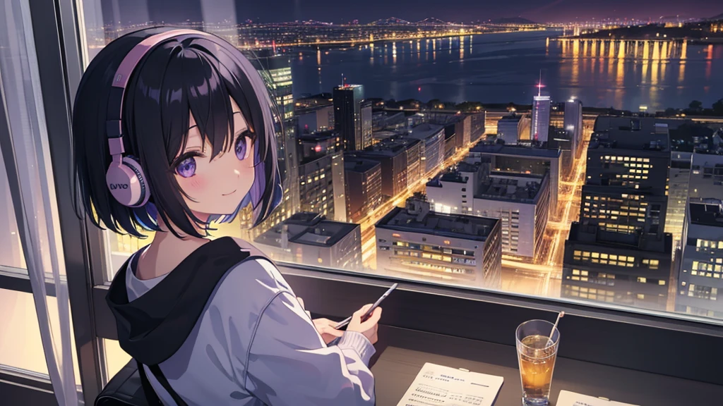 Masterpiece、pastel colour、landscape、alone、Lonely、A cute girl studying alone in her room、Black Hair、Bob Hair、Eyes are purple、Droopy eyes、dream-like、Wearing headphones、Late Night、City night view、Happy、smile、super high quality、Beautiful light、Lo-Fi