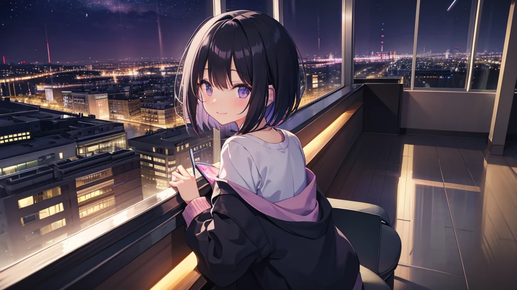 Masterpiece、pastel colour、landscape、alone、Lonely、A cute girl studying alone in her room、Black Hair、Bob Hair、Eyes are purple、Droopy eyes、dream-like、Wearing headphones、Late Night、City night view、Happy、smile、super high quality、Beautiful light、Lo-Fi