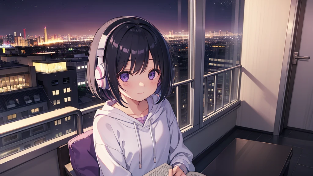 Masterpiece、pastel colour、landscape、alone、Lonely、A cute girl studying alone in her room、Black Hair、Bob Hair、Eyes are purple、Droopy eyes、dream-like、Wearing headphones、Late Night、City night view、Happy、smile、super high quality、Beautiful light、Lo-Fi