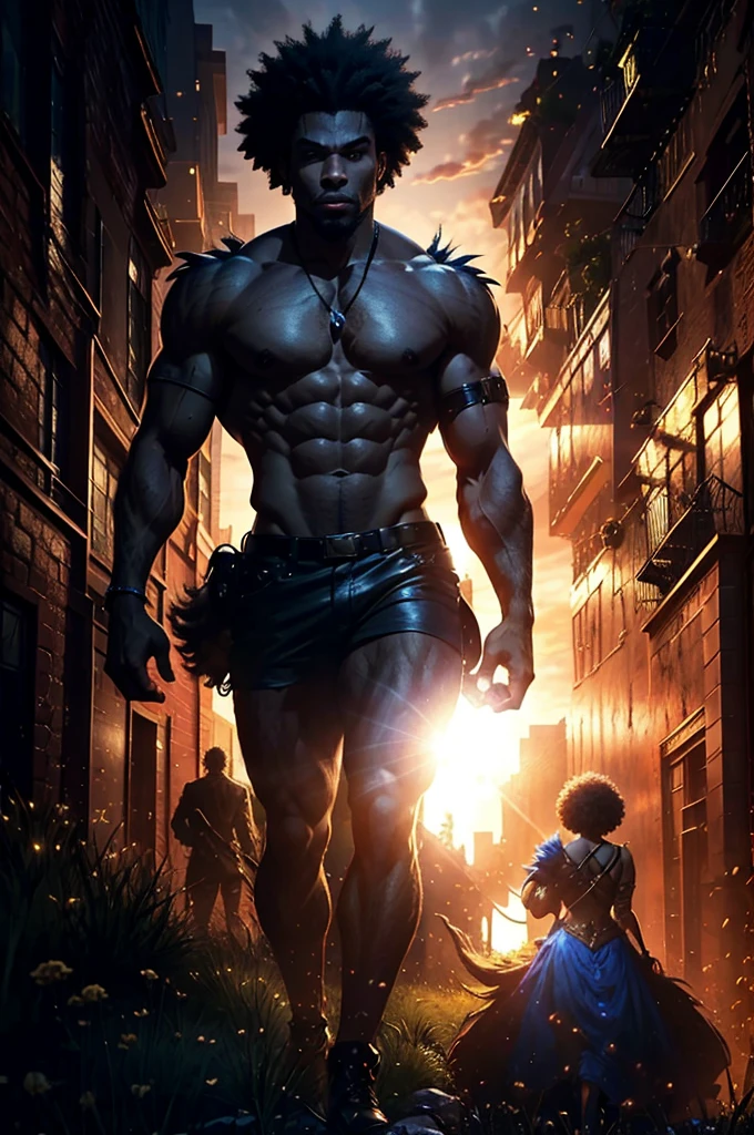 A muscular and savage black male werewolf (afro) and a beautiful exuberant and perfect young blonde policewoman in uniform and armed in a night forest running bravely together facing the shadow monsters in an incredible hunt