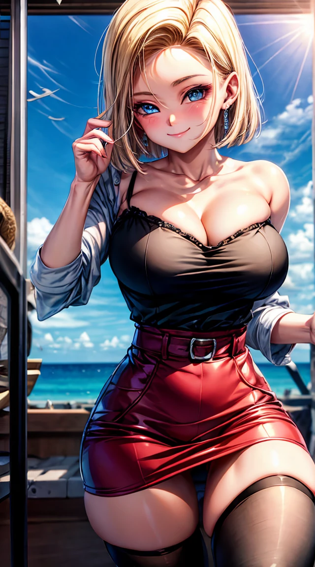 Fille , large , roof of a hotel, sun set, ,  blanche, cheveux blonds, blue eye, detailed eyes, hourglass _forme du corps, Ultra detailed, 4K Ultra HD, smiling, flirty smile, blushes, jewels, 比基尼,