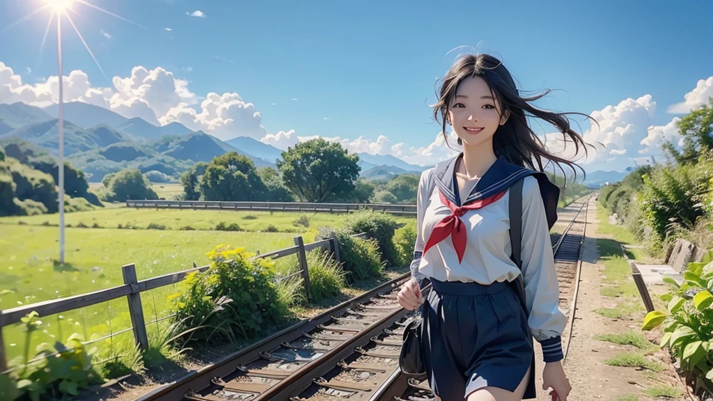 8K、RAW Photos、Highest quality、Super detailed、Super Resolution、Ultra HD、8K壁紙、Amazingly detailed rural landscape、The tracks continue、Walking along the tracks、(Sailor suit),smile、sun、School bag
