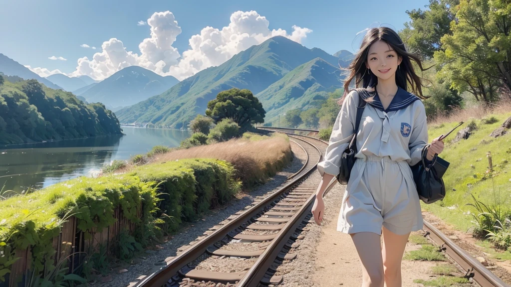 8K、RAW Photos、Highest quality、Super detailed、Super Resolution、Ultra HD、8K壁紙、Amazingly detailed rural landscape、The tracks continue、Walking along the tracks、(Sailor suit),smile、sun、School bag