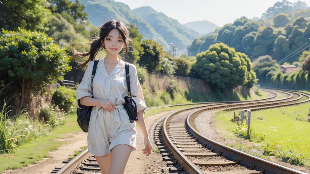 8K、RAW Photos、Highest quality、Super detailed、Super Resolution、Ultra HD、8K壁紙、Amazingly detailed rural landscape、The tracks continue、Walking along the tracks、(Sailor suit),smile、sun、School bag
