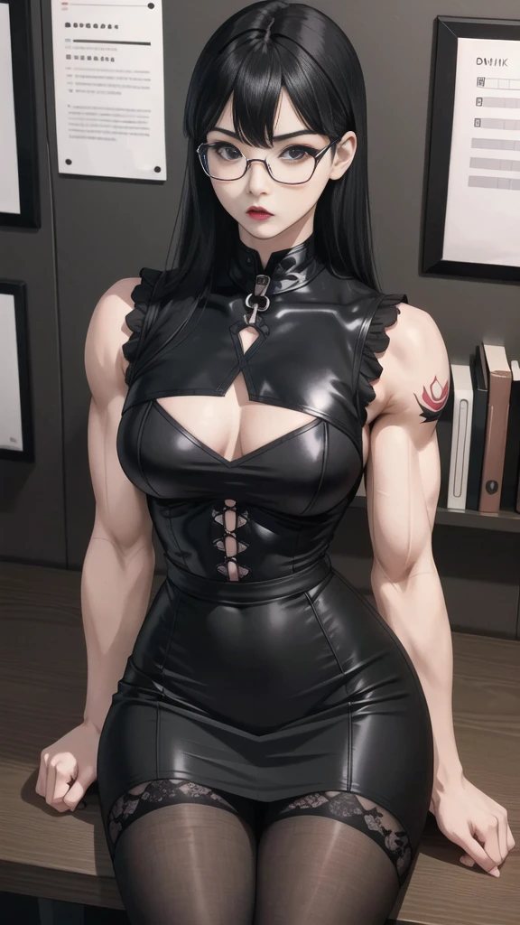 Boy, Korean, male body, adult, tattoo, lipstick, gothic, girl face, serious face, glasses, black hair (long with bangs),perfect body, fit body, thin waist, sitting at desk (office), muscular, small female chest, black pencil skirt, dominatrix, top, pantyhose, pretuberance, sissy, femboy, big ass