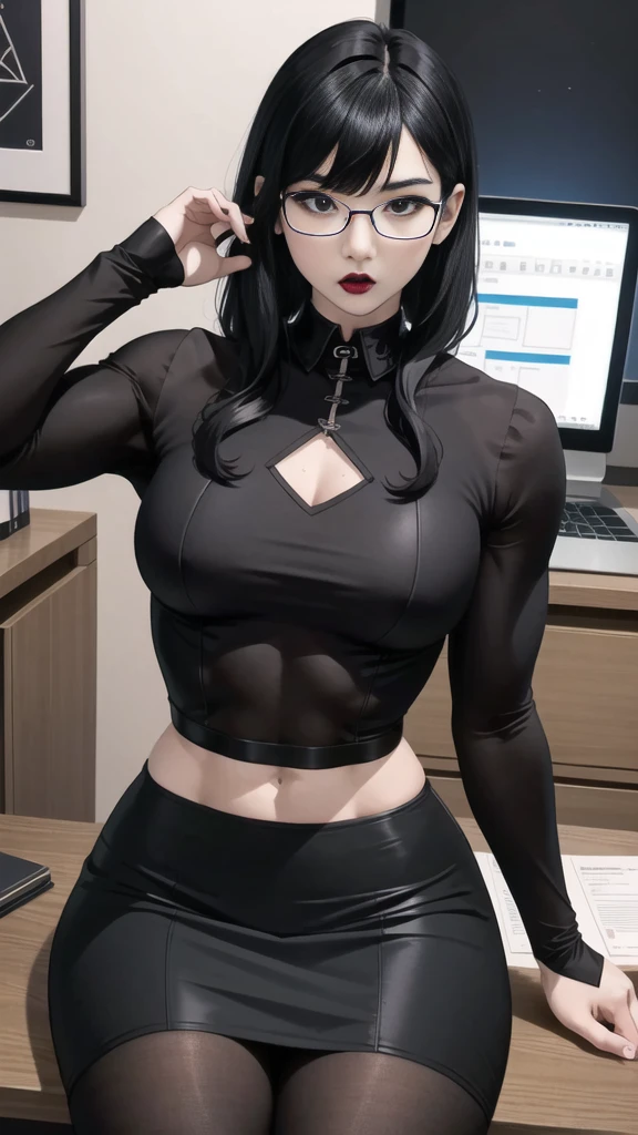 Boy, Korean, male body, adult, tattoo, lipstick, gothic, girl face, serious face, glasses, black hair (long with bangs),perfect body, fit body, thin waist, sitting at desk (office), muscular, small female chest, black pencil skirt, dominatrix, top, pantyhose, pretuberance, sissy, femboy, big ass