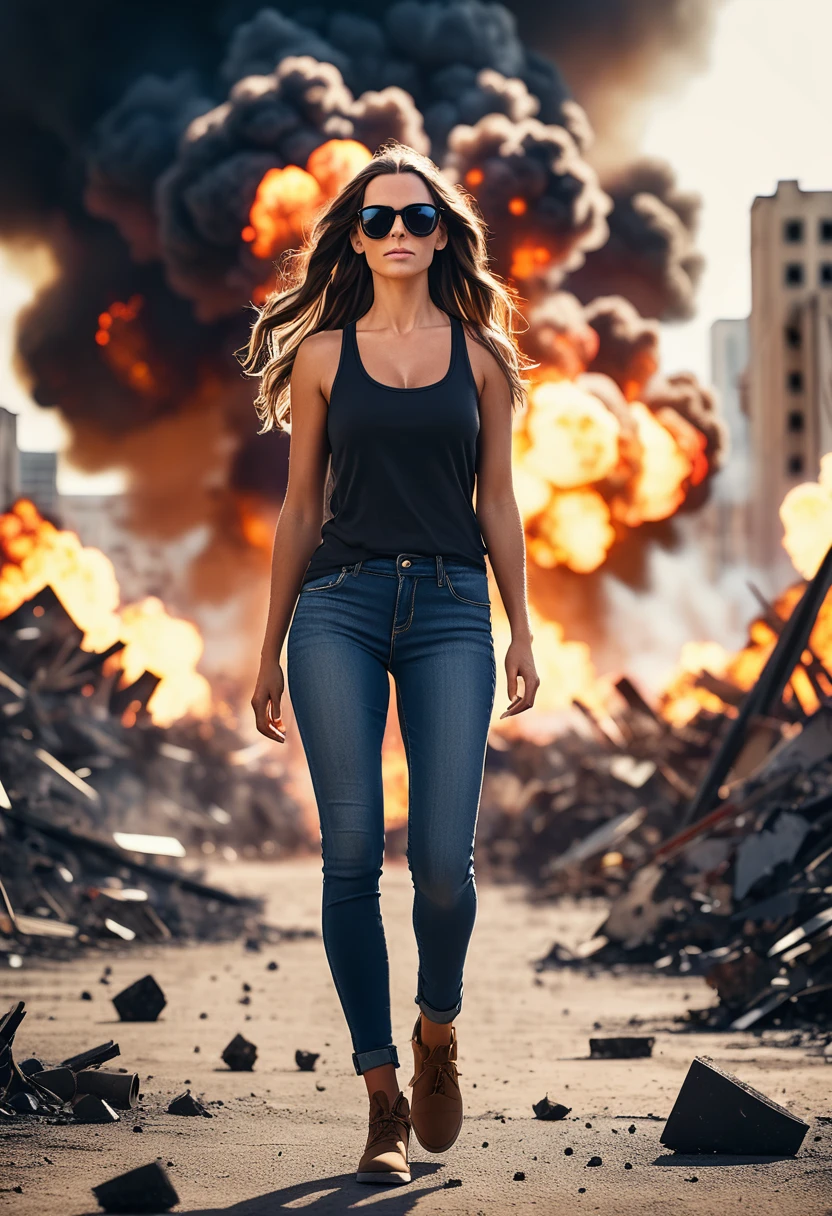 beautiful woman, long brunette hair, walking toward the viewer, huge explosion in the background, debris flying everywhere, tank top, sunglasses, jeans, fire, smoke, shallow depth of field, vignette, highly detailed, high budget, bokeh, cinemascope, moody, epic, gorgeous, film grain, grainy