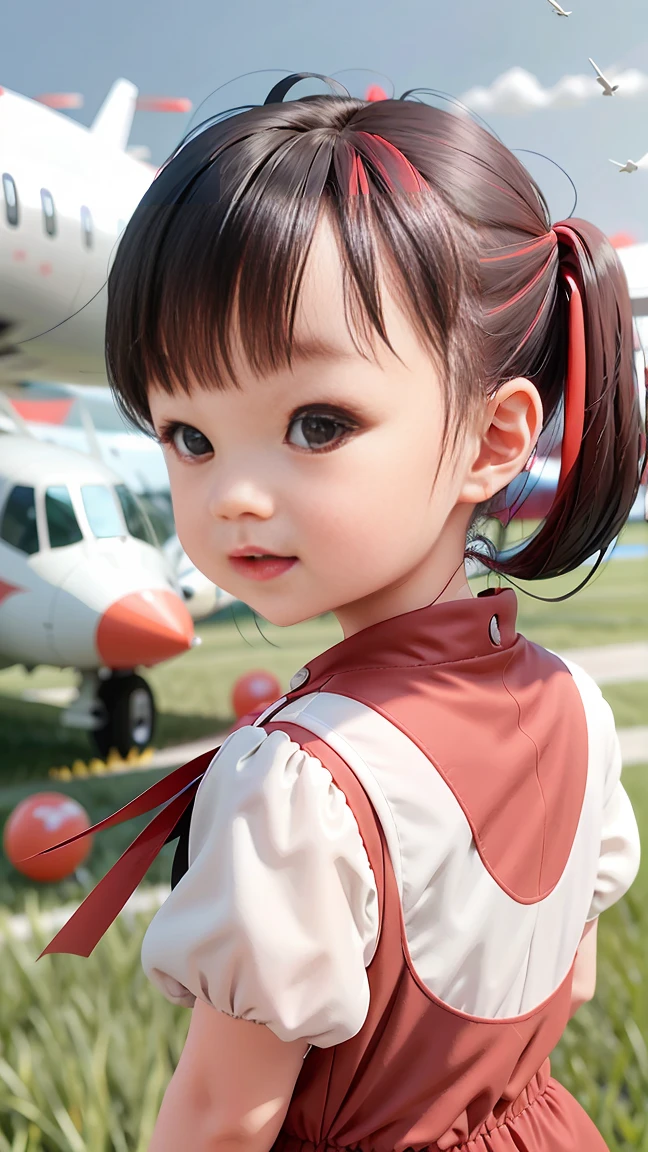 Kinda cute ,Double Ponytail,Wear red and white clothes.,Black Hair,very happy, There is an airplane on the grass background.