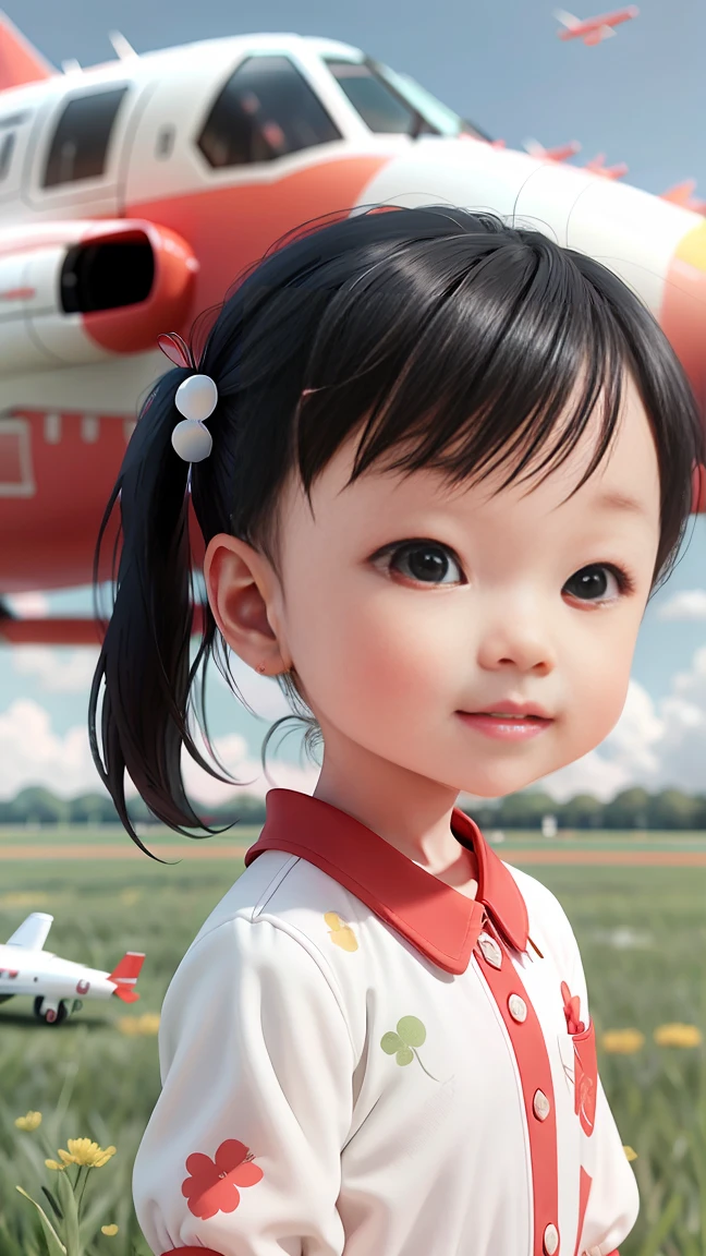 Kinda cute ，Double Ponytail，Wear red and white clothes.，Black Hair，very happy, There is an airplane on the grass background.