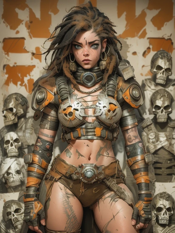 A highly detailed and realistic skull girl,( Anya. Taylor Joy) cyberpunk character, mad max furiosa, one hand robot, cyborg arm, orange hair, dramatic metal heavy rock theme, best quality, 8k, hyperrealistic, photorealistic, extreme detailed painting, studio lighting, vivid colors, dark moody atmosphere, cinematic, dramatic pose, intricate mechanical details, glowing energy effects, intense gritty textures, seamless integration of organic and inorganic elements. Wearing the used clothes of a wastelander. Background: An apocalyptic wasteland. Dusty and depressing.