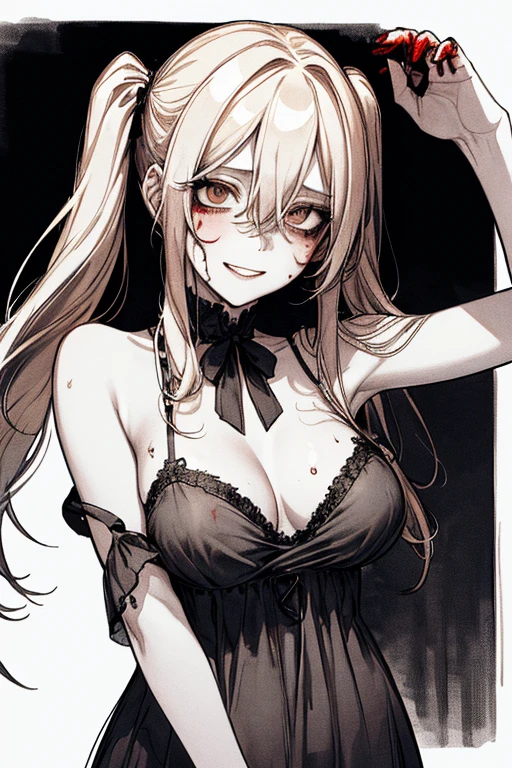 Top Quality, (Background detail), High Contrast, Super Beautiful Girl, Detailed Original Illustration, Functional, Delicate Face, Charming, Bad Girl, Sexy, Real Breasts, Twintails, Crazy Smile, Crazy Eyes, Heads Up, Pale Skin, Bloody, Bloody Shower, Bloody Dress, Dripping Blood, Wrist Cut, Black Hair, Yandere, Mengele, Minesque, Lolita, Blood Makeup, Red, Black Background, (Black Background: 1. 5), Beautiful Line Drawing