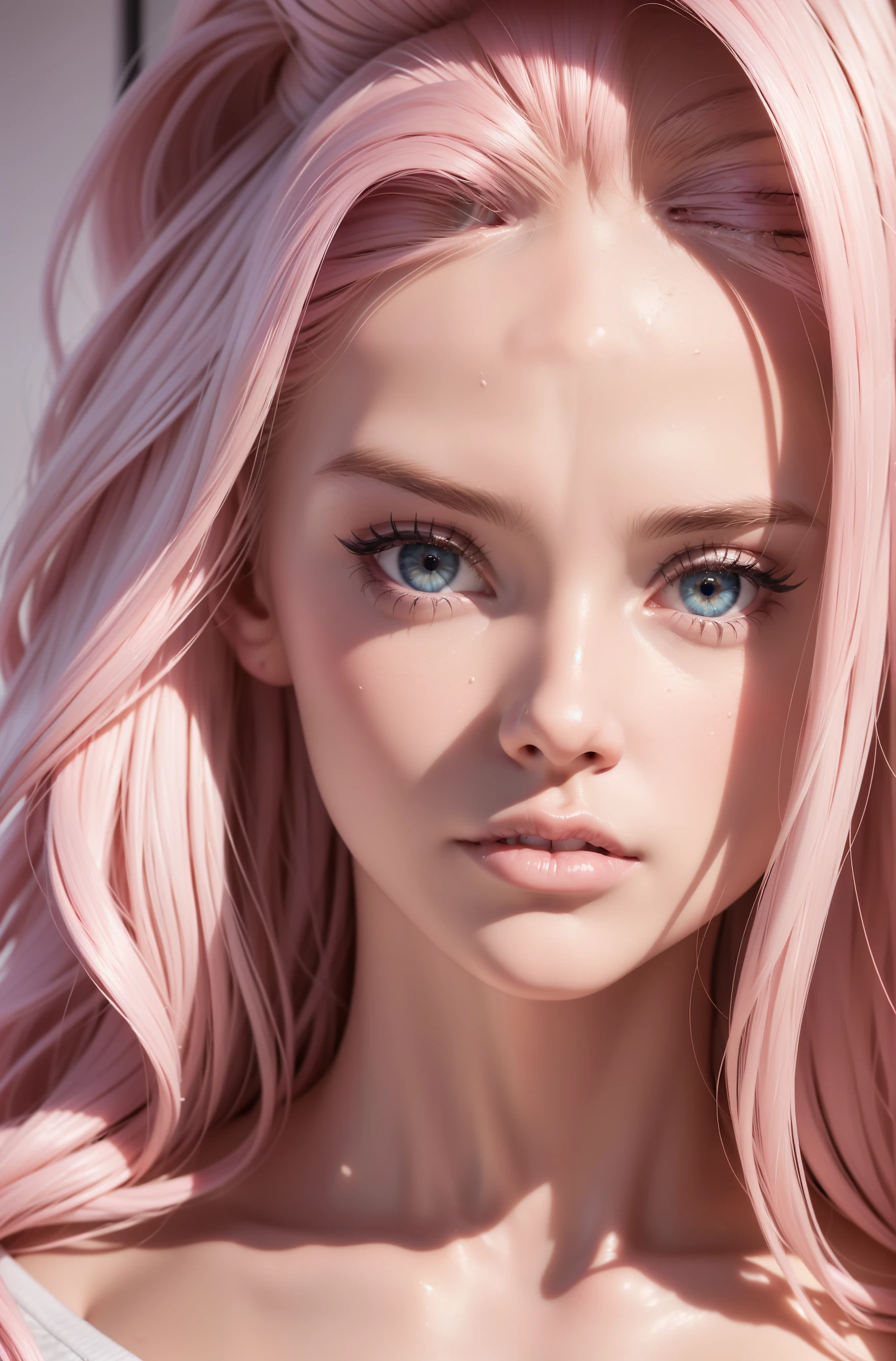 223yo, Skinny blonde girl, young, , in her bedroom, (highly detailed background, bedroom), wearing a crop top and jeans, pretty face, pink lips, cute, sweet, innocent, beautiful lighting, alone, shy, highly detailed face, (ultra realistic), realistic skin, makeup, lip filler, big pink bimbo lips, (bimbofication), cleavage, big ass, ((highly detailed face, detailed eyes, eye contact) seducing the camera, expressive facial expression