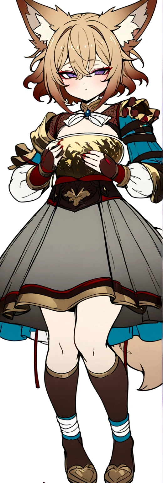 Masterpiece, High quality, High quality of art, best quality, anime lineart, Femboy, light carrot hair, fox ears, fox tail, Red eyeshadow, purple eye color, , small , A belt of white and red rope, in his hands a large bow of gold and ruby, half-asleep eyes