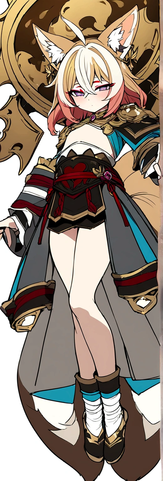 Masterpiece, High quality, High quality of art, best quality, anime lineart, Femboy, light carrot hair, fox ears, fox tail, Red eyeshadow, purple eye color, naked, small penis, A belt of white and red rope, in his hands a large bow of gold and ruby, half-asleep eyes