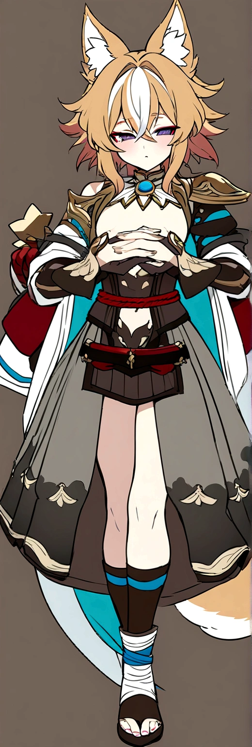 Masterpiece, High quality, High quality of art, best quality, anime lineart, Femboy, light carrot hair, fox ears, fox tail, Red eyeshadow, purple eye color, naked, small penis, A belt of white and red rope, in his hands a large bow of gold and ruby, half-asleep eyes