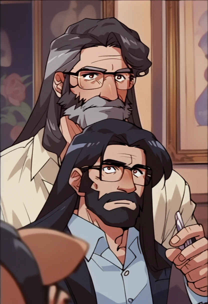 there is a man with long hair and glasses posing for a picture, with long, curly hair, longos blackquality hair ondulados e óculos, long beard, long beard, blackquality hair, black beard, band shirt, young man