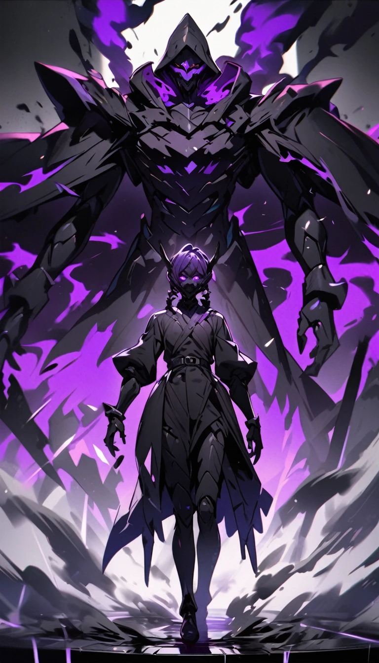 a humanoid figure thats made up of shadows, black smoke, purple eyes, 1male
