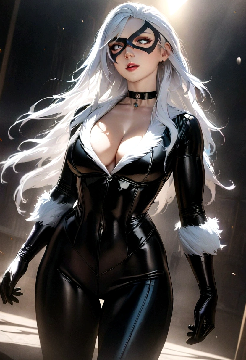 felhardy2023, 1 girl, uhd, best quality, masterpiece, cinematic lighting, white hair, toned, vibrant colors, photorealistic, black bodysuit, white fur, eye mask, long hair, large cleavage, gloves