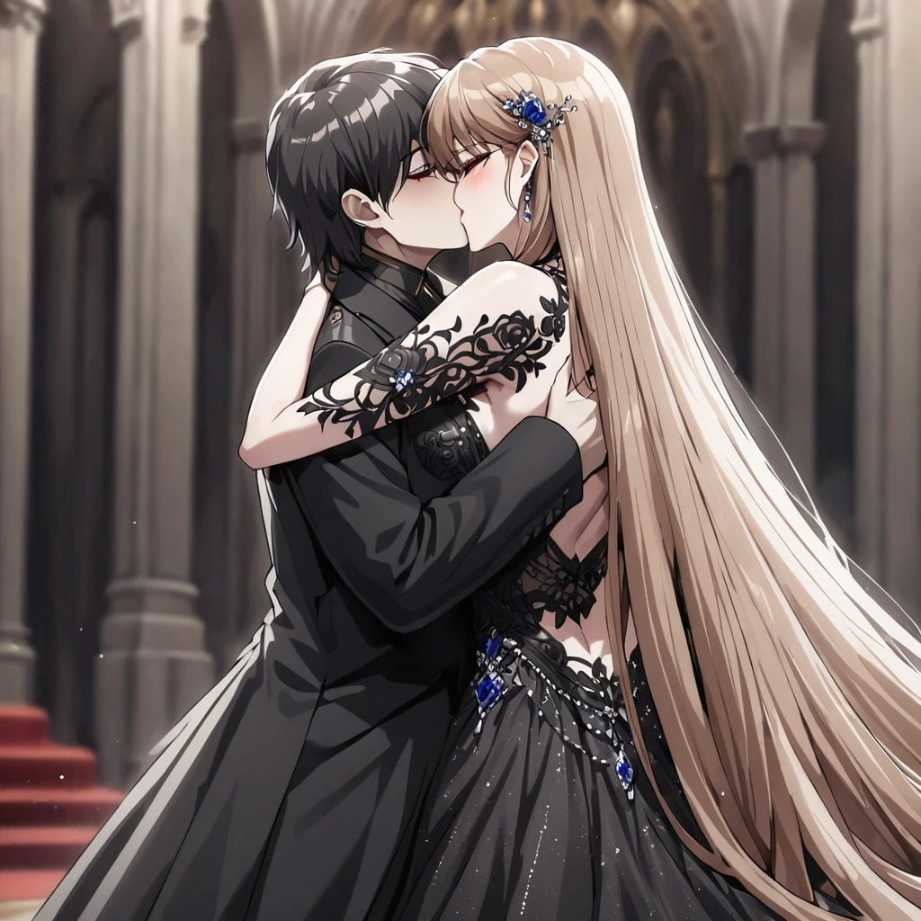 ((Highest quality)), ((masterpiece)), (detailed), （Perfect Face）、The woman is Princess Leona, with long light brown hair, and is wearing a lavishly jeweled, seductive black wedding dress and a black wedding veil, the epitome of an evil bride.、In a luxurious church wedding hall, a woman is getting married to a dignified and powerful middle-aged evil emperor dressed in a luxurious black outfit, embracing each other and kissing their vows.、The woman has long hair