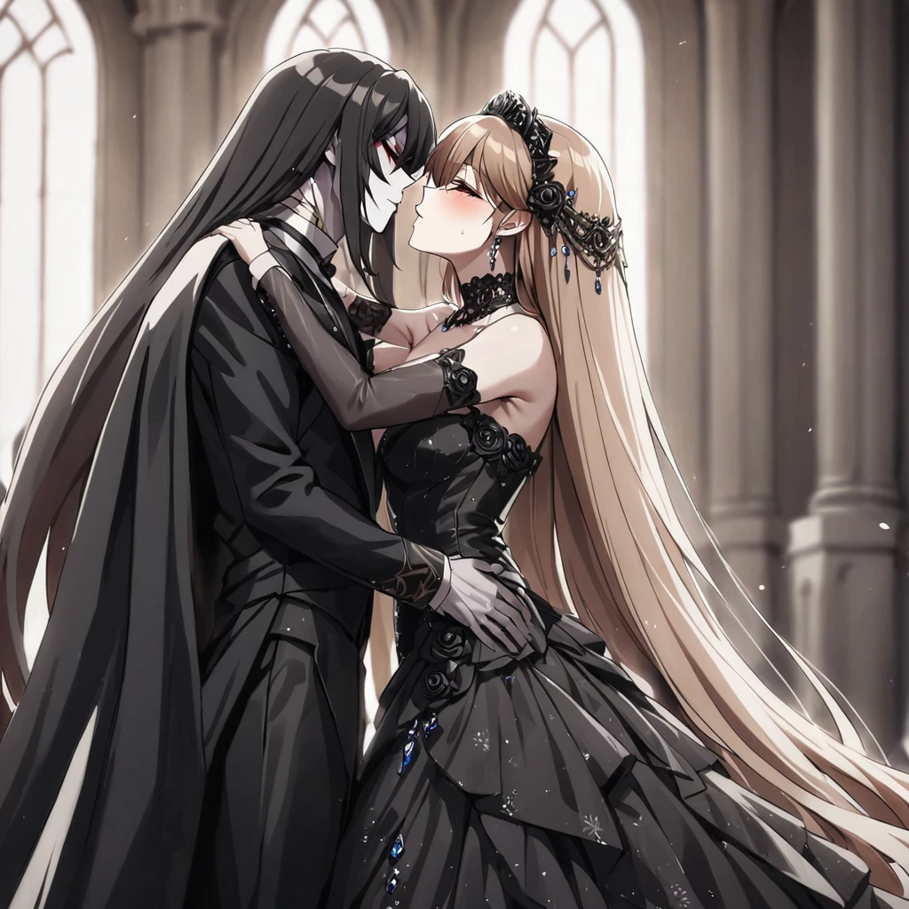 ((Highest quality)), ((masterpiece)), (detailed), (Perfect Face)、The woman is Princess Leona, with long light brown hair, and is wearing a lavishly jeweled, seductive black wedding dress and a black wedding veil, the epitome of an evil bride.、In a luxurious church wedding hall, a woman is getting married to a dignified and powerful middle-aged evil emperor dressed in a luxurious black outfit, embracing each other and kissing their vows.、The woman has long hair